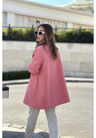 Kadın Pembe Astarlı, Kruvaze Ceket Yaka, Tek Düğme, Rahat Kalıp, Fitilli Kaşe Kumaş Kaban Pembe