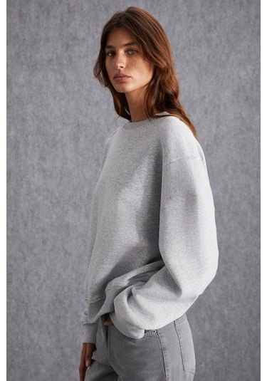 Vaneltına  Kadın Içi Polarlı 3 Iplik Organik Pamuk Oversize Basic Bisiklet Yaka Grimelanj Sweatshirt