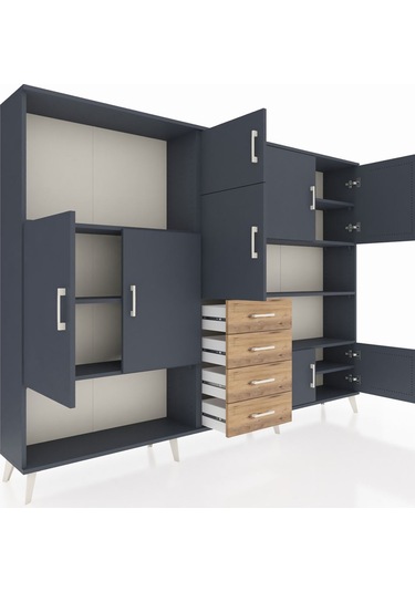 Arges Dolap 9 Raflı 4 Çekmeceli 8 Kapaklı 220x30x163 Antrasit-ant Antrasit-antrasit/çam