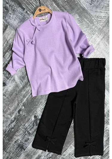 Fiyonk Ve Yırtmaç Detaylı Kız Çocuk 2li Takım Lila