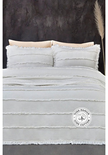 Evlen Home Pamuklu Echos Yatak Örtüsü Takımı Günlük Çift Taraflı Kişilik 3 Parça Dolgulu El İşi Beyaz