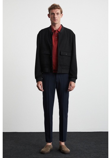 Preppy  Erkek Organik Pamuklu Çift Cepli Düğmeli Regular Fit Yuvarlak Yakalı Siyah Ceket