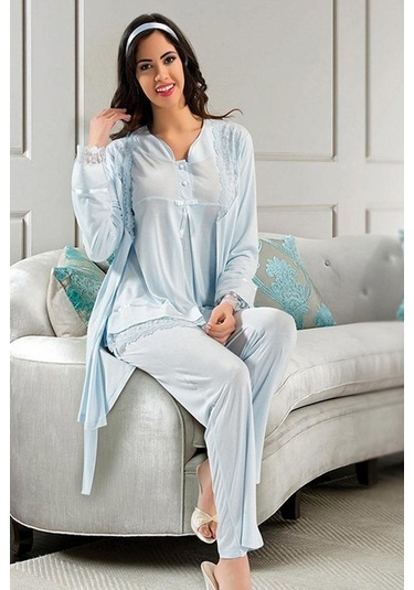 Xses 2190 Kadın Hamile Lohusa Sabahlıklı Pijama Takım-mavi