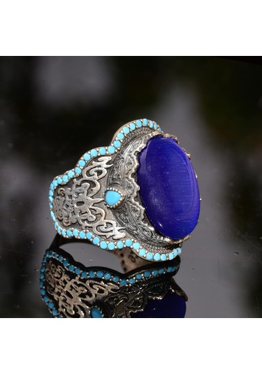El Yapımı Mavi Kedi Gözü Yüzük Turkuaz Yapay Taş İle - 925 Ayar Gümüş Erkek Takısı Gümüş
