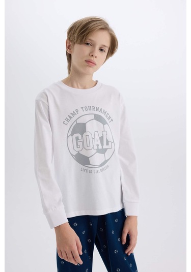 DeFacto Erkek Çocuk Pijama Takımı Bisiklet Yaka Baskılı Uzun Kollu Üst Desenli Alt D5215A824WNWT34