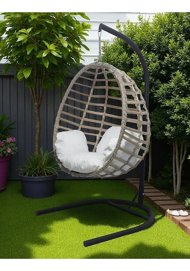 Armut Salıncak Tek Kişilik Rattan Örgü Bahçe Balkon Ev Salıncağı Bej
