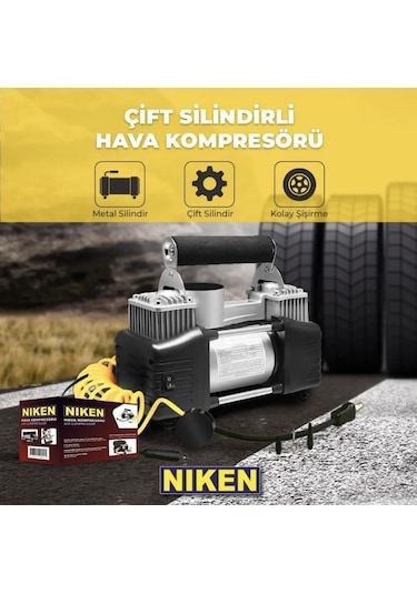 Niken Araç Oto Hava Kompresörü Metal Çift Silindir 12v 150 Psı Çantalı