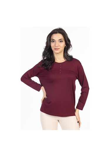 Yeni Sezon 2024 Sade Desen Yuvarlak Yaka Likralı Anne Penye Bluz 6484-vişne Çürüğü Vişne Çürüğü