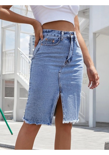 Qooth Kadın Casual Denim Kalem Etek Ins Cool Girl Midi Bölünmüş Hip Etek Qt2271 Mavi
