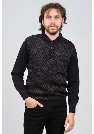 Ateş Triko Erkek Cep Detaylı Polo Yaka Desenli Yün Kazak 6092097 Lacivert