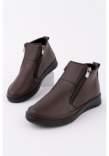 Muggo Feniks Hakiki Deri Çift Fermuarlı Kadın Bot Kahverengi