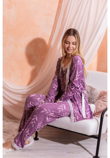 Sabahlıklı Dantel Detaylı Pegasus Kadın Pijama Takımı-çeyizlik Takım- Geniş Beden Aralığı Lila