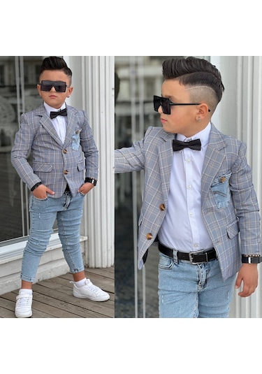 Uğurböceğiçocuk Ekose Denim Detaylı 5'parça Erkek Çocuk Takım 001