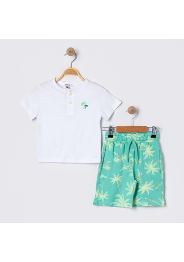 Erkek Çocuk Beyaz Basic Tişörtlü Palmiye Desenli Şortlu Takım-1138 Beyaz