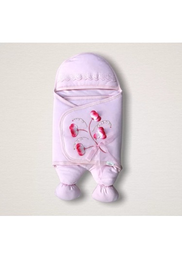 Yenidoğan Yapay Çiçek İşlemeli Şapkalı Lüks Kız Bebek Ayaklı Kundak Bebek Battaniyesi Pembe Çok Renkli