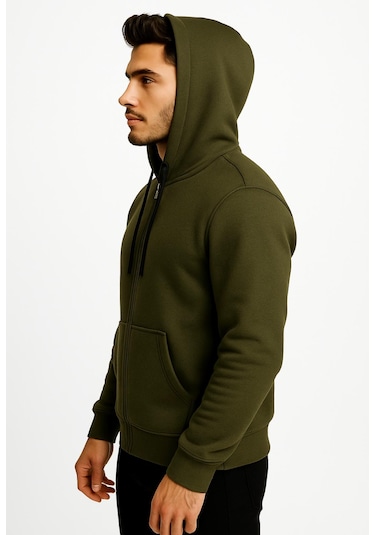 Axxel Erkek Haki Fermuarlı Kapüşonlu Sweatshirt-w590 Haki 3 İplik Şardonlu