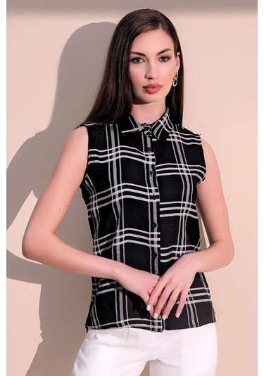 Kadın Siyah Kaliteli Üretim Kare Desen Ekose Kolsuz Gömlek Siyah