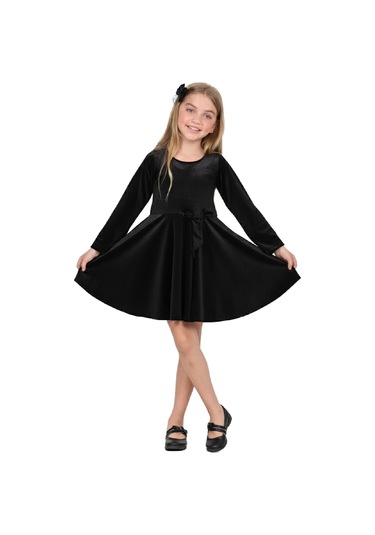 Kız Çocuk Kadife Elbise-içi Tüllü Ve Fiyonk Süslemeli 7-12 Yaş 12427 Siyah