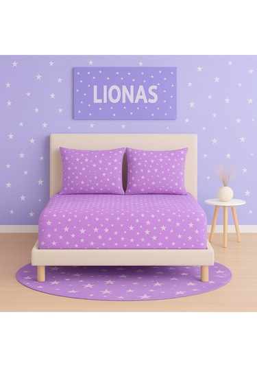 Desenli 160 X 200 Cm Çift Kişilik Lila Yıldız Lastikli Çarşaf Ve 2 Adet Yastık Kılıfı Lila