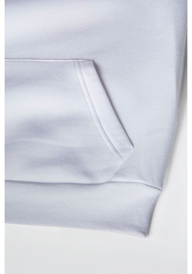 Unisex Beyaz Göğsü Logo Baskılı Kalın Üç Iplik Şardonlu Kapüşonlu Hoodie Sweatshirt Beyaz