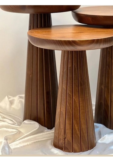 Wood Wooden 3 Lü Set Fitilli Mantar Yan Sehpa Modern