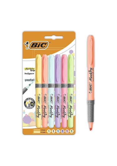 Bic Marking Highlighter Grip Fosforlu Kalem Pastel Renkler 6'lı Çok Renkli