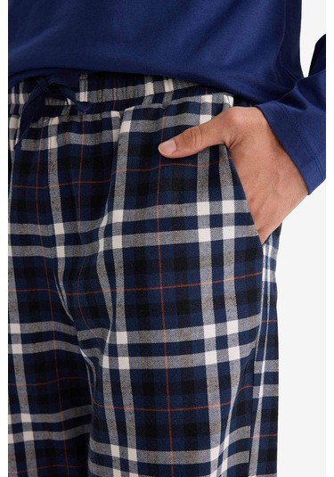 Defacto Pijama Takımı Regular Fit Uzun Kollu Üst Kareli Uzun Alt F5214ax25wnnv131 Lacivert-nv131