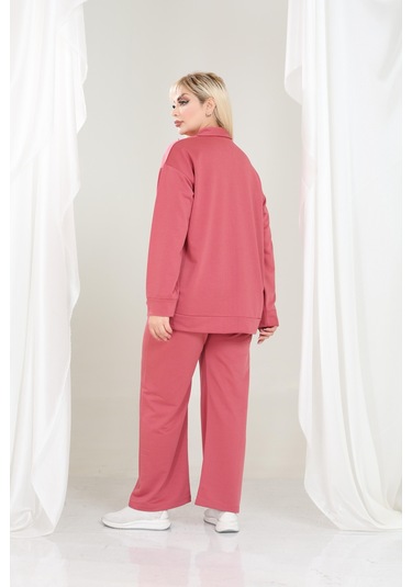 Kadın Büyük Beden Fermuarlı Uzun Kollu Rahat Günlük Eşofman Takım Pembe