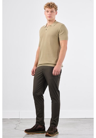 Dufy Haki Düz Erkek Triko - Slim Fit Haki