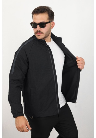 Erkek Relaxed Krinkıl Kumaş Baharlık & Yağmurluk Siyah Ceket Siyah