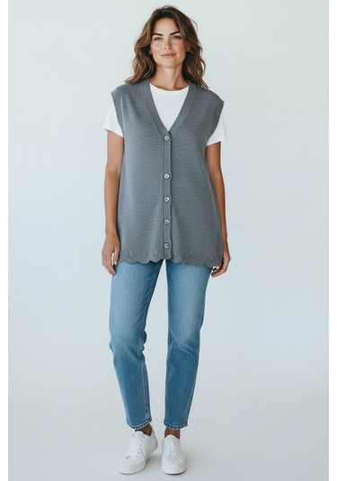 Kadın Önü Düğmeli Cepli Kalın Kışlık Kısa Yelek Gri