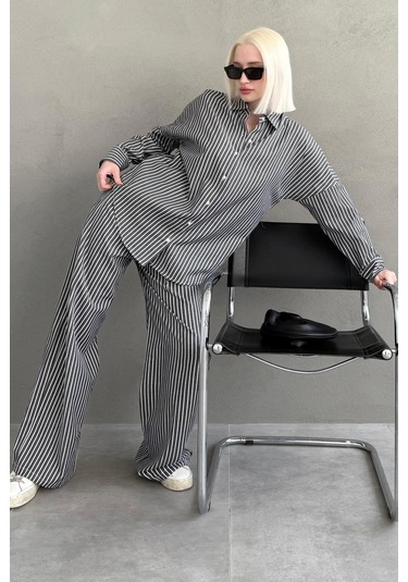 Madmext Siyah Çizgili Gömlek Pantolon Kadın Takım Mg2457 Siyah