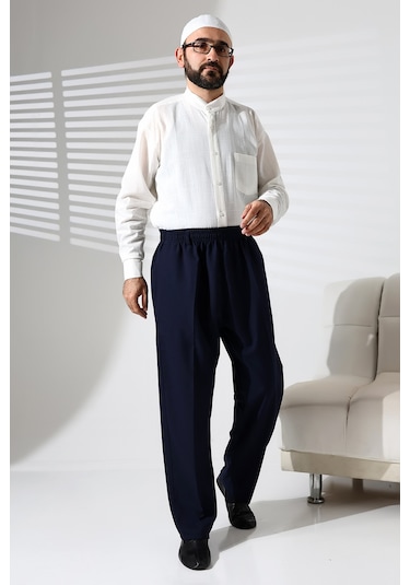 Erkek Beli Lastikli Cepli Hac Ve Umre Kışlık Yün Efektli Şalvar Pantolon - Lacivert İsr Lacivert