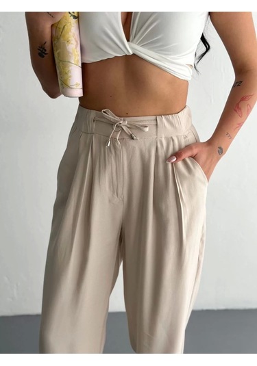 Kadın Yüksel Bel Beli Bağcıklı Rahat Boru Paça Pantalon - Kırık Beyaz Kırık Beyaz