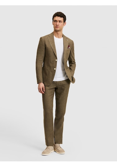 Cacharel Haki Slim Fit %100 Keten Mikro Desen Mono Yaka Ceket Yesıl