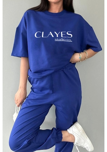 Studio Co Baskılı Saks Mavi T-shirt Eşofman Altı Takım - Oversize Bisiklet Yaka Saks Mavi