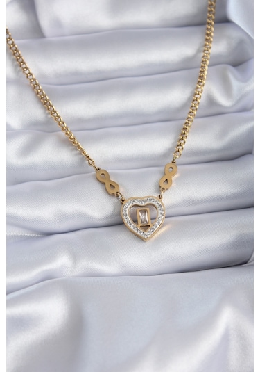316l Çelik Gold Renk Zirkon Taşlı Kalp Model Sonsuzluk Detay Kadın Kolye