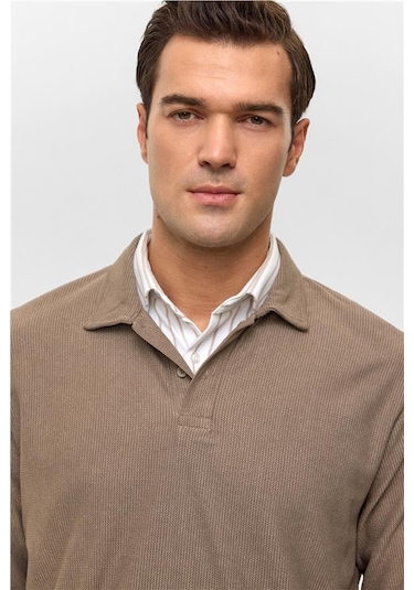 Süvari Açık Kahve Regular Düz Polo Yaka Sweatshirt Açık Kahve