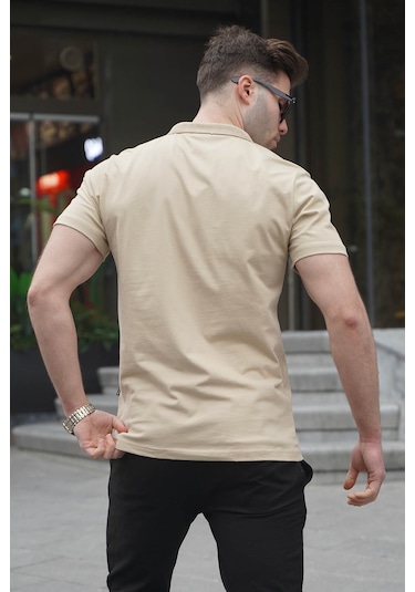 Madmext Erkek Bej Basic Fermuarlı Polo Tişört 6076 Bej