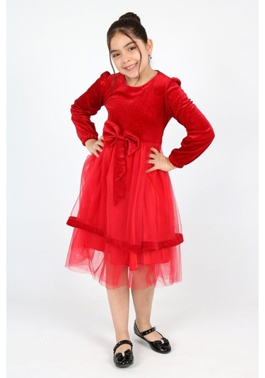 Kız Çocuk Kadife Kumaş Tül Detaylı Diz Boyu Tokalı Elbise Kırmızı