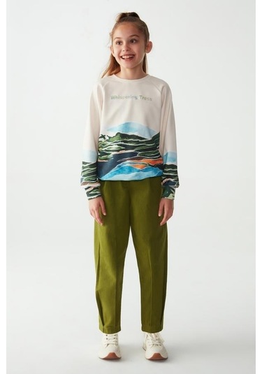 Kız Çocuk Tasarım Camping Sweatshirt-13357-krem Yeşil Krem - Yeşil
