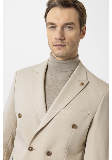 Süvari Bej Slim Fit Düz Sivri Yaka 6 Drop Ceket