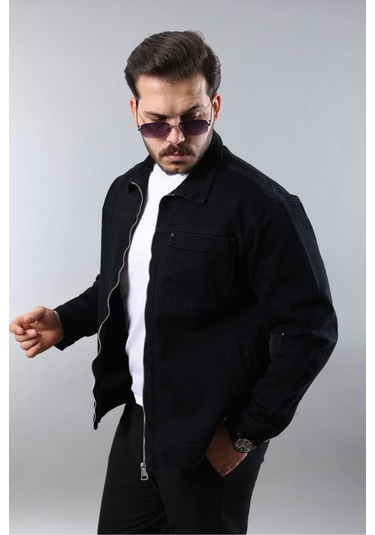 Erkek Regular Fit Siyah Spor Model Fermuarlı Kot Ceket Siyah