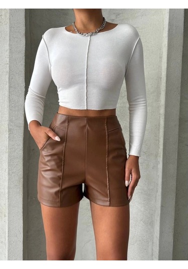 Biçomi Parçalı Cepli Deri Şort Taba W26312 Taba