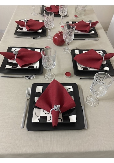 Keten Görünümlü Begonvil Masa Örtüsü Kapuçino 27 Parça Set