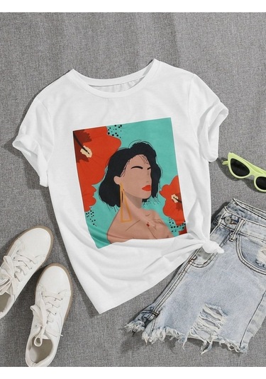 Kadın Beyaz Oversize Floral Baskılı T-shirt Beyaz-67224
