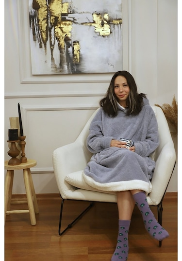 Rokeff Wellsoft Tek Kişilik Giyilebilir Battaniye Gri Beyaz Bantlı L/xl