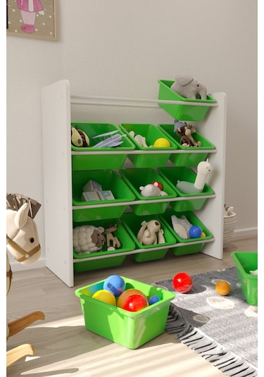 12 Sepetli Çok Amaçlı Oyuncak Dolabı Montessori Dolap Yeşil