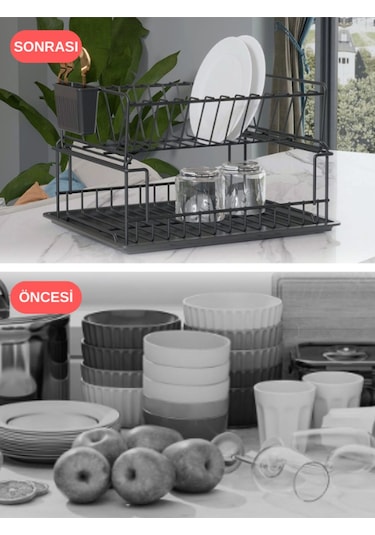 Suntel İki Katlı Modüler Tabaklık Bulaşıklık Mat Siyah