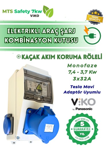 7.4 Kw 3/32 A Vıko Tesla Mavi Adaptör Uyumlu Seyyar Elektrikli Araç Şarj Cihazı İstasyonu Kombinasyon Panosu Kutusu 7kw 7,4 KW